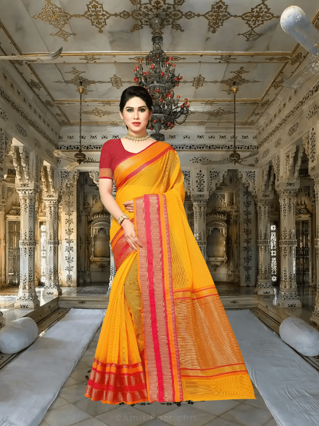 Detailed pallu and pleat focus, sunlight reflecting off golden threads