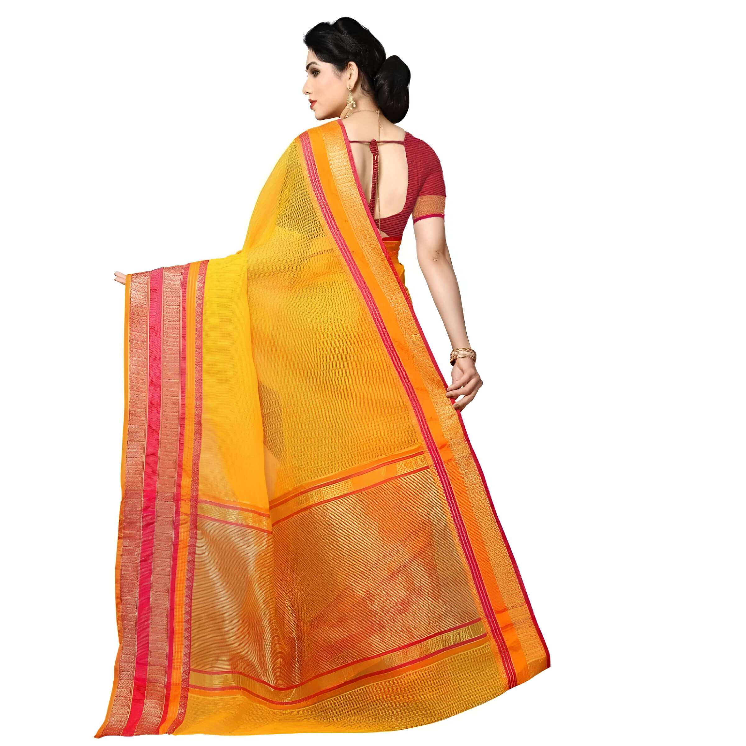 Macro of border threads woven with precision in pink and gold