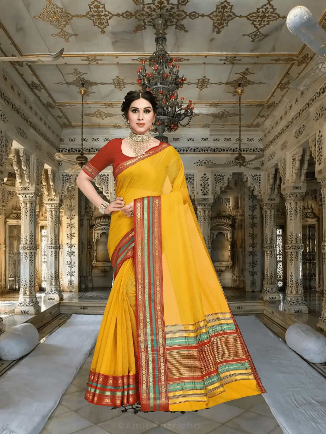 Model draped in yellow Kota Doria saree, golden light catching tri-colored border inside a palace archway
