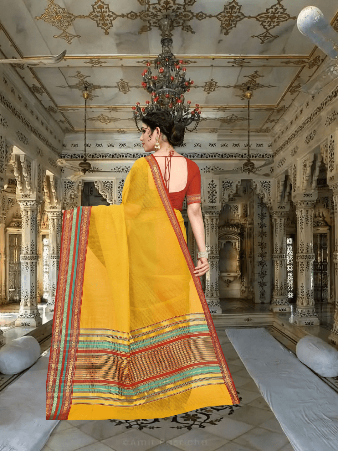 Side pose with the saree flowing mid-step, border shimmering like musical notes in motion