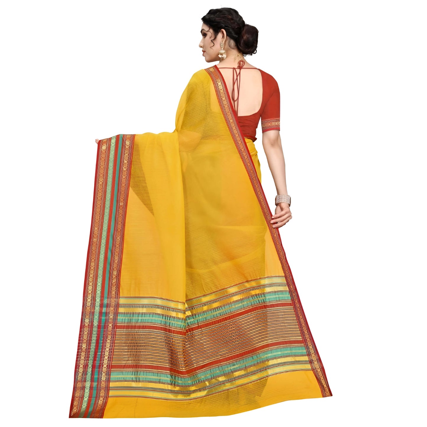 Flatlay of yellow Kota saree, border styled in folds against a neutral studio background