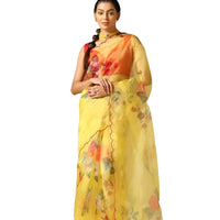 Front view of yellow organza saree with soft floral print