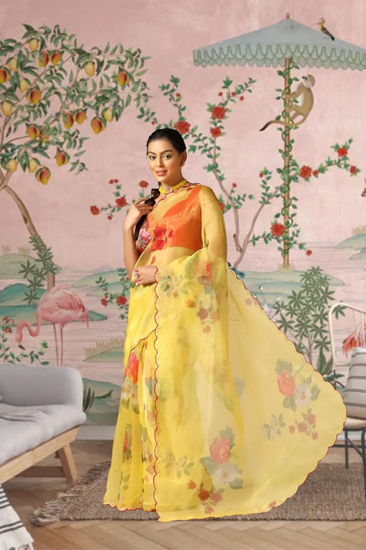 Right side view of sheer yellow saree highlighting texture