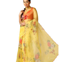 Right side view of sheer yellow saree highlighting texture