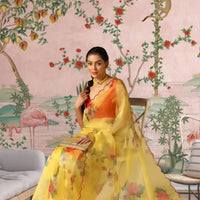 Closeup of blouse area and floral print near shoulders