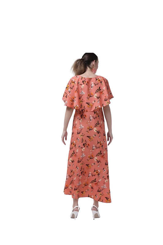 Studio image back view of CELESTINA floral gown in orange