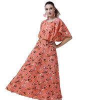 Studio shot front view of orange floral crepe gown