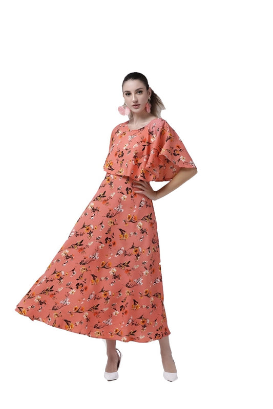 Studio shot front view of orange floral crepe gown