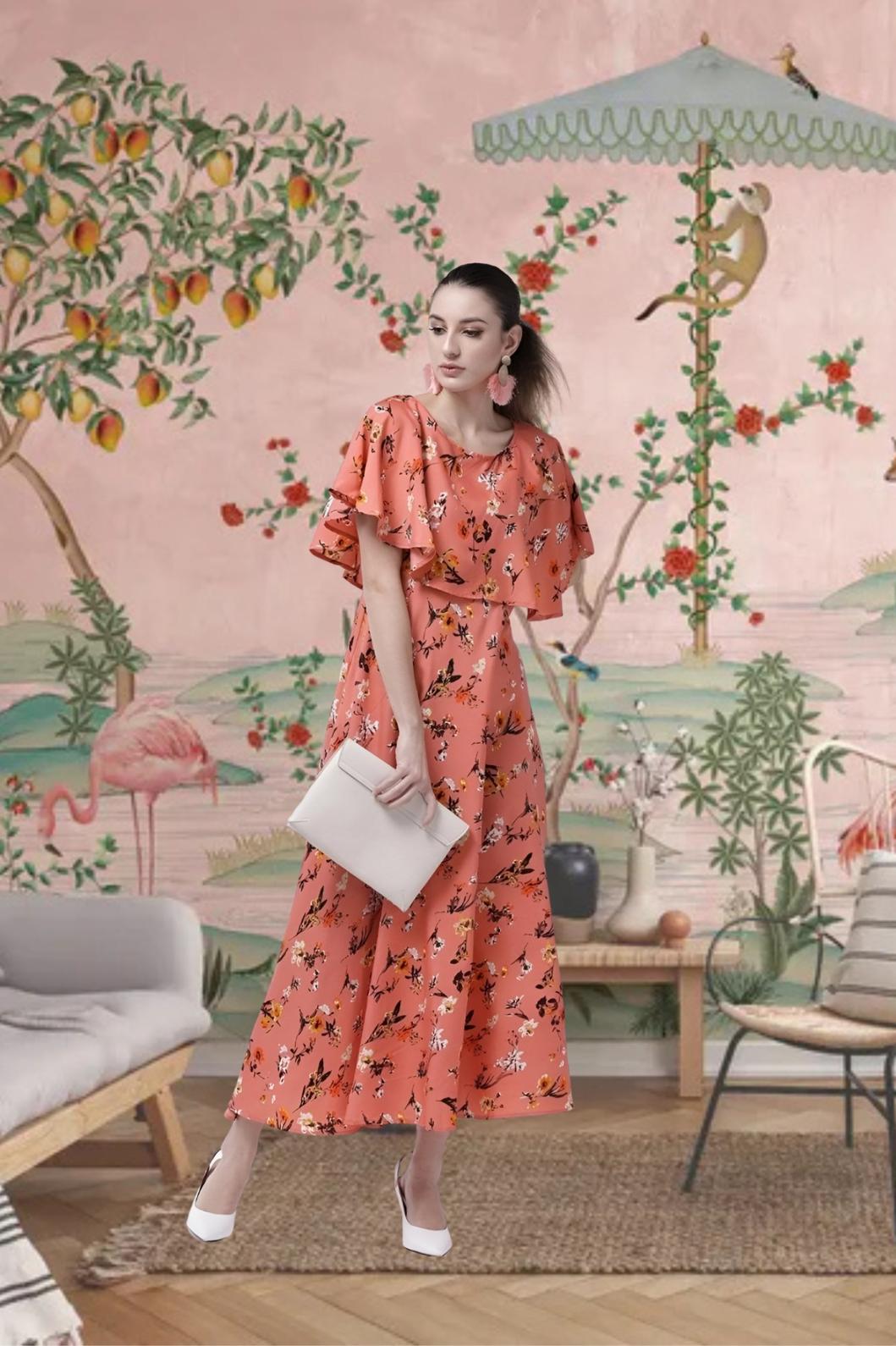 Side profile of SuryaLeela orange gown with floral print