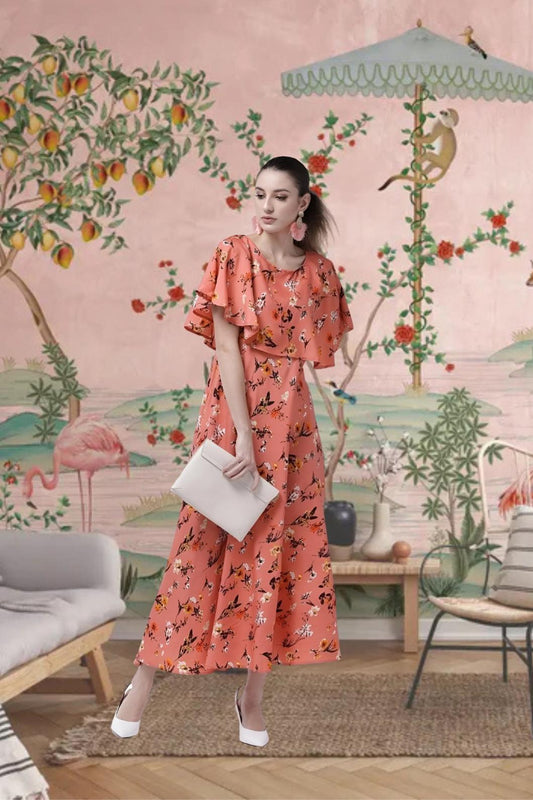 Side profile of SuryaLeela orange gown with floral print