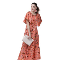Left profile of SuryaLeela gown in floral orange design