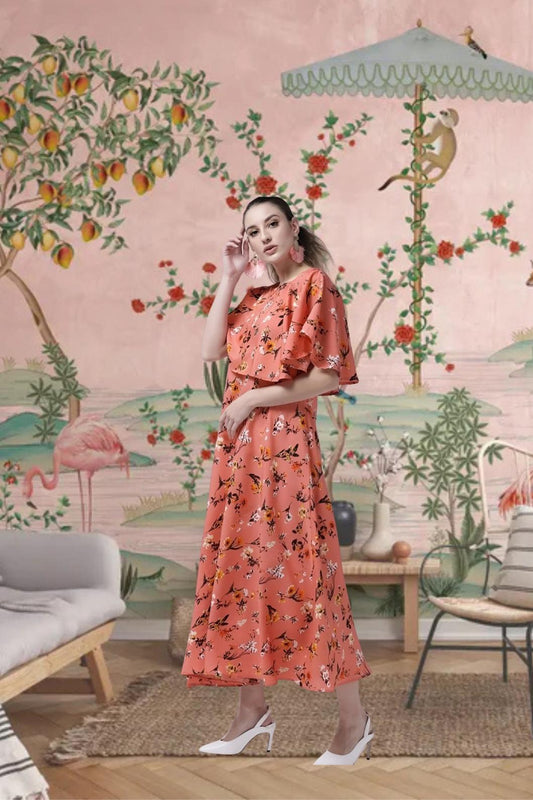  Angled view of orange floral crepe gown for women in palace