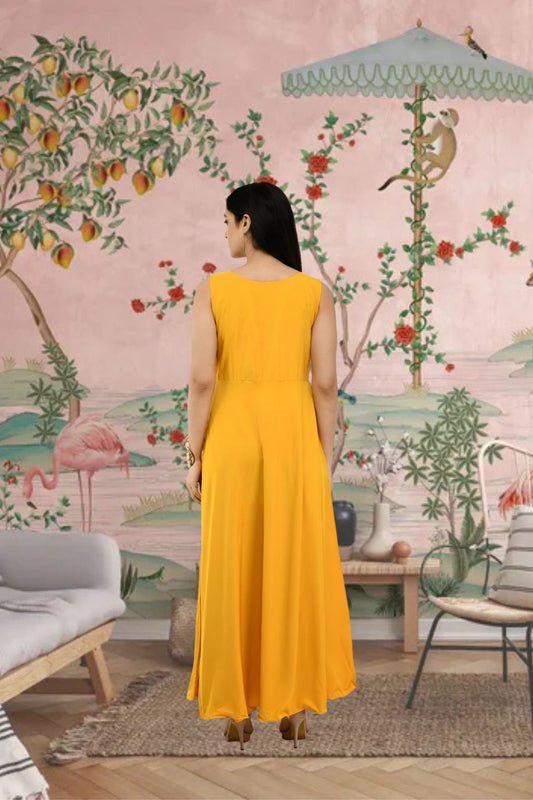 Back view of CELESTINA full-length yellow gown for women