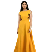 Studio front view of sleeveless yellow gown by CELESTINA