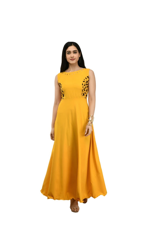Studio front view of sleeveless yellow gown by CELESTINA