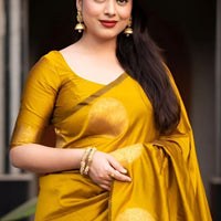 front view of yellow printed silk saree