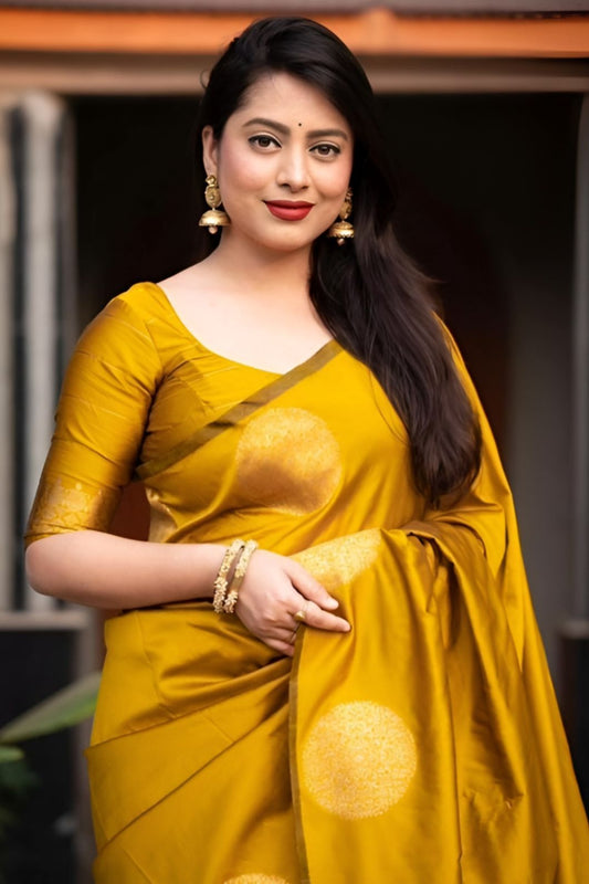 front view of yellow printed silk saree