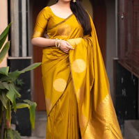 front view of yellow printed silk saree