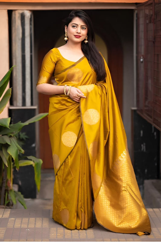 front view of yellow printed silk saree