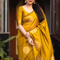 front view of yellow printed silk saree