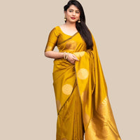 Studio front view of yellow printed silk saree