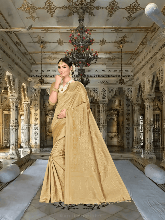 Model in golden Banarasi silk saree with zari motifs in palace room
