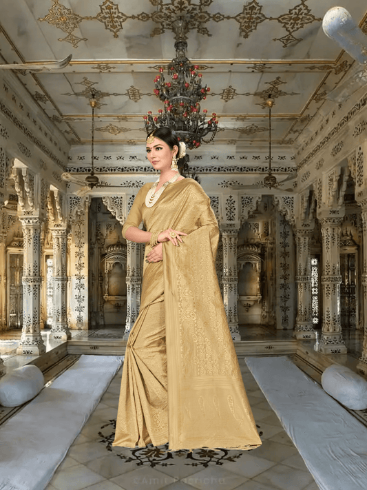 Close-up of intricate zari designs on luminous golden fabric