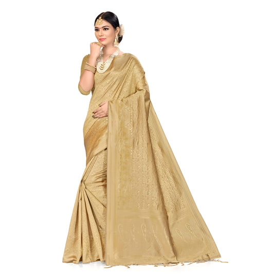 Detailed shot of gold-on-gold motifs across the saree body