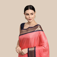Studio front shot of pink saree with checkered body and border