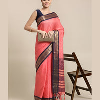 Studio front shot of pink saree with checkered body and border