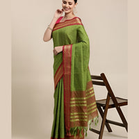 Studio front shot of white checkered saree with deep Mehendi blouse