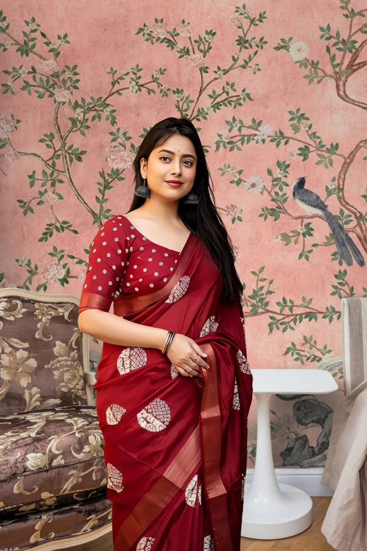  Front view of red cotton crape saree glowing in heritage palace light