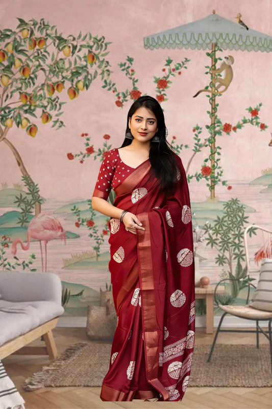 Front view of red cotton crape saree glowing in heritage palace light