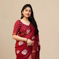  Studio front view of red saree showing structure and blouse pairing