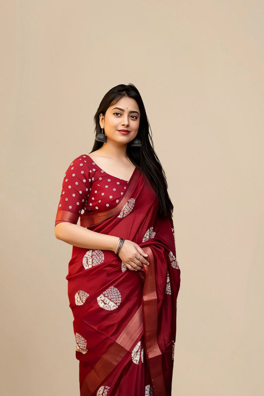  Studio front view of red saree showing structure and blouse pairing