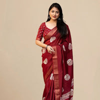 Studio front view of red saree showing structure and blouse pairing