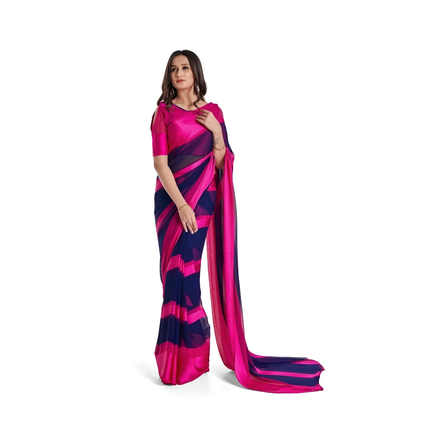 Unstitched blouse fabric for pink-navy saree - plain white backdrop