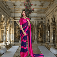 Bride walking in pink-navy saree with gradient pallu flowing