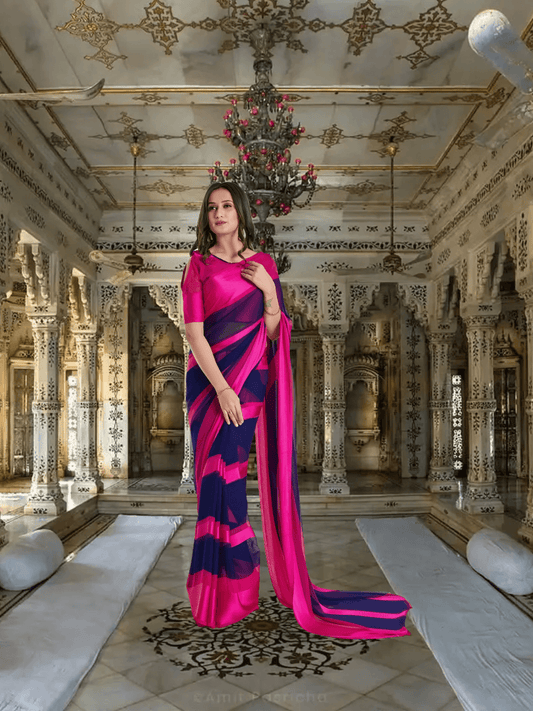 Bride walking in pink-navy saree with gradient pallu flowing
