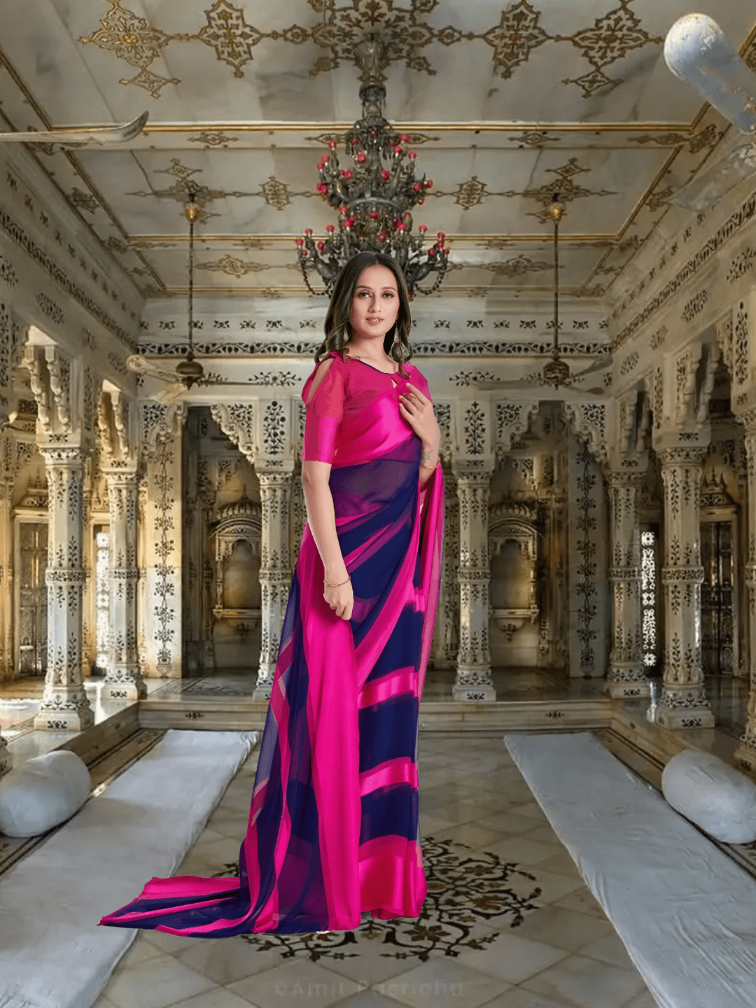 Bride walking in pink-navy saree with gradient pallu flowing