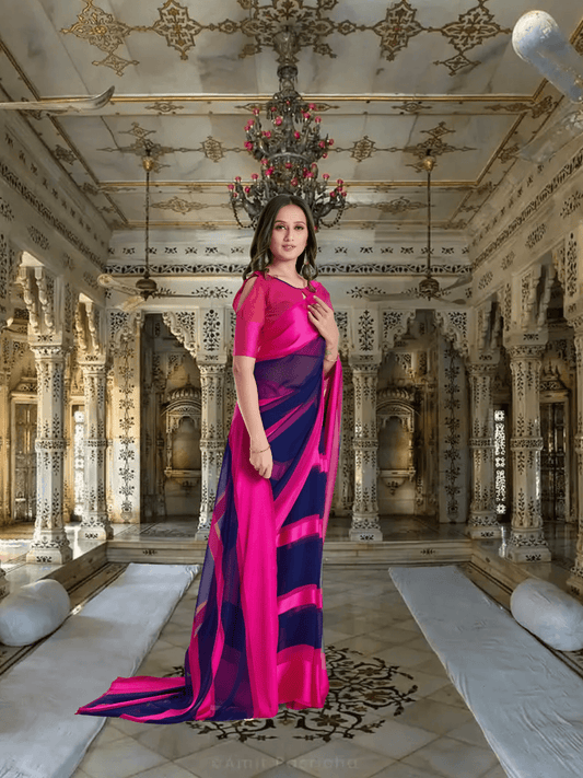 Bride walking in pink-navy saree with gradient pallu flowing