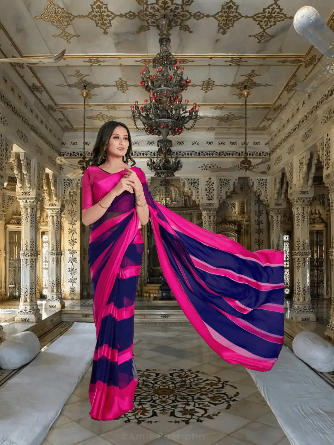 Bride walking in pink-navy saree with gradient pallu flowing