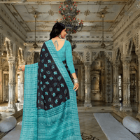 Back view of Twilight Teal georgette saree with floral pallu