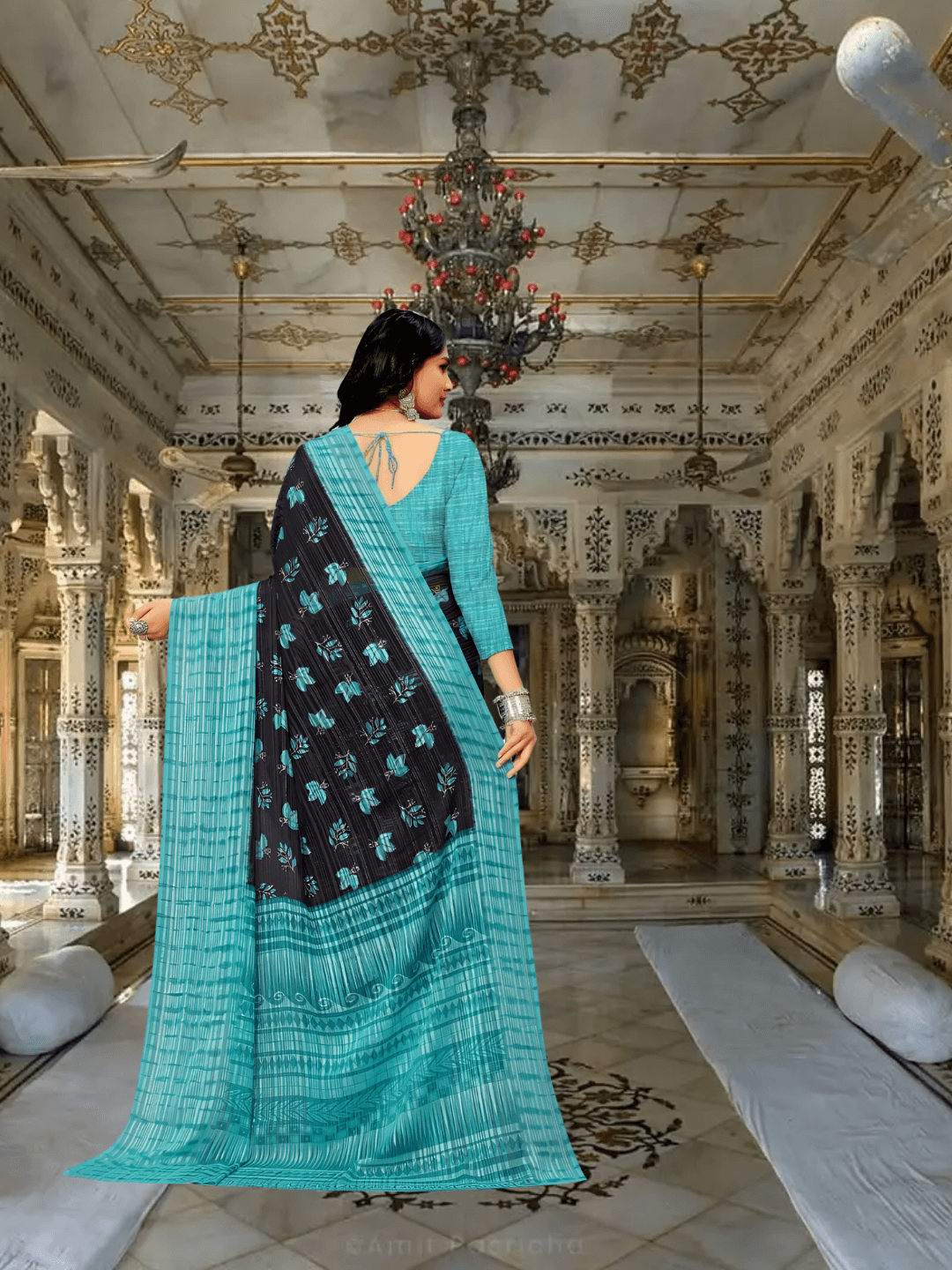 Back view of Twilight Teal georgette saree with floral pallu