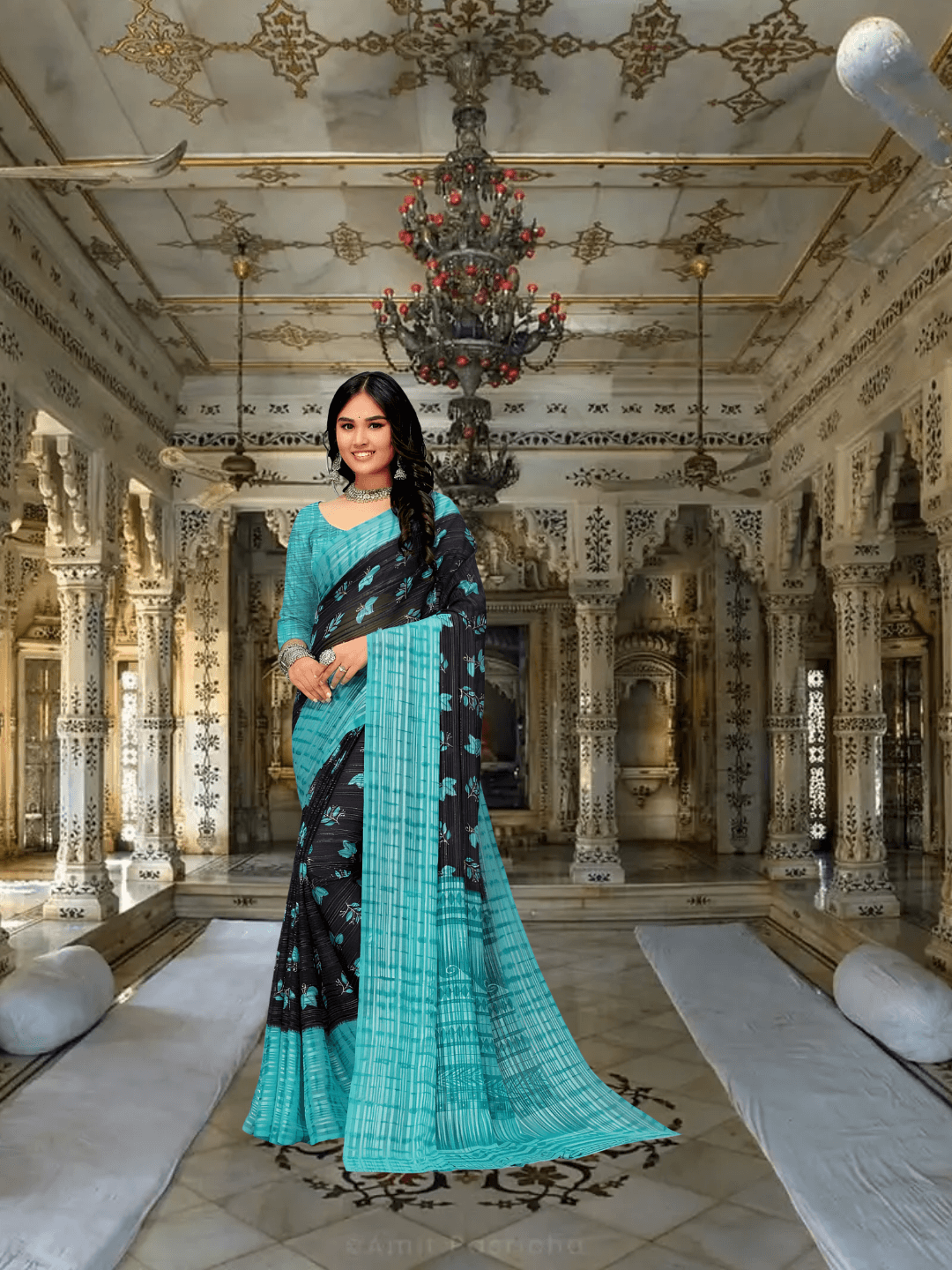 Woman wearing Twilight Teal georgette saree in palace setting