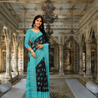Side view of Twilight Teal georgette saree with floral pallu