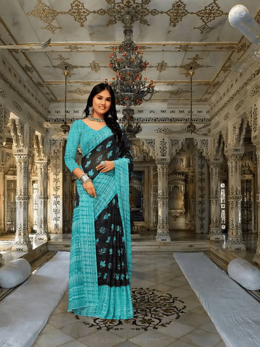 Side view of Twilight Teal georgette saree with floral pallu