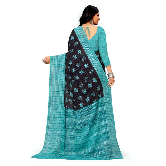 Back drape of Twilight Teal floral saree in studio lighting