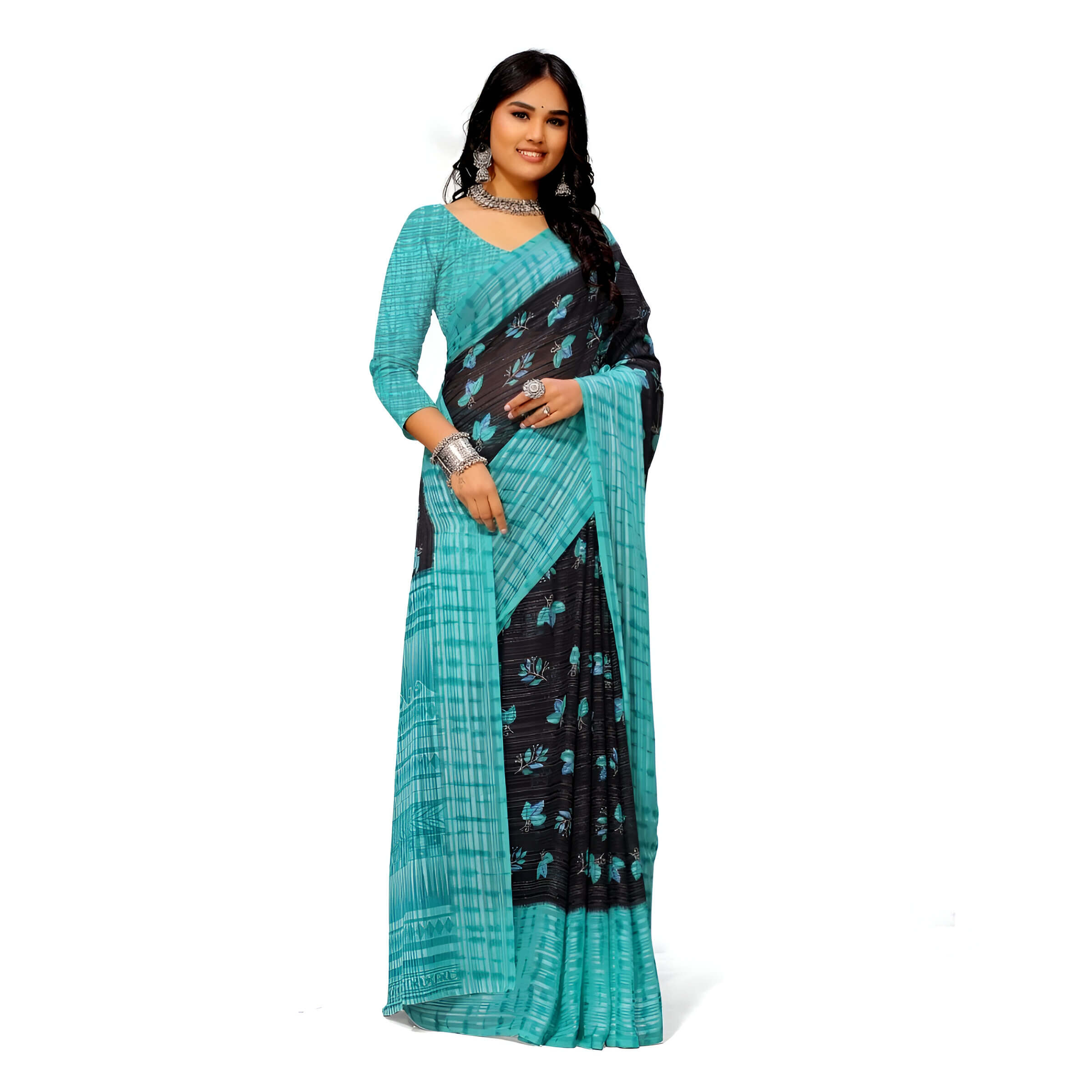 Front pose of Twilight Teal office saree on white background