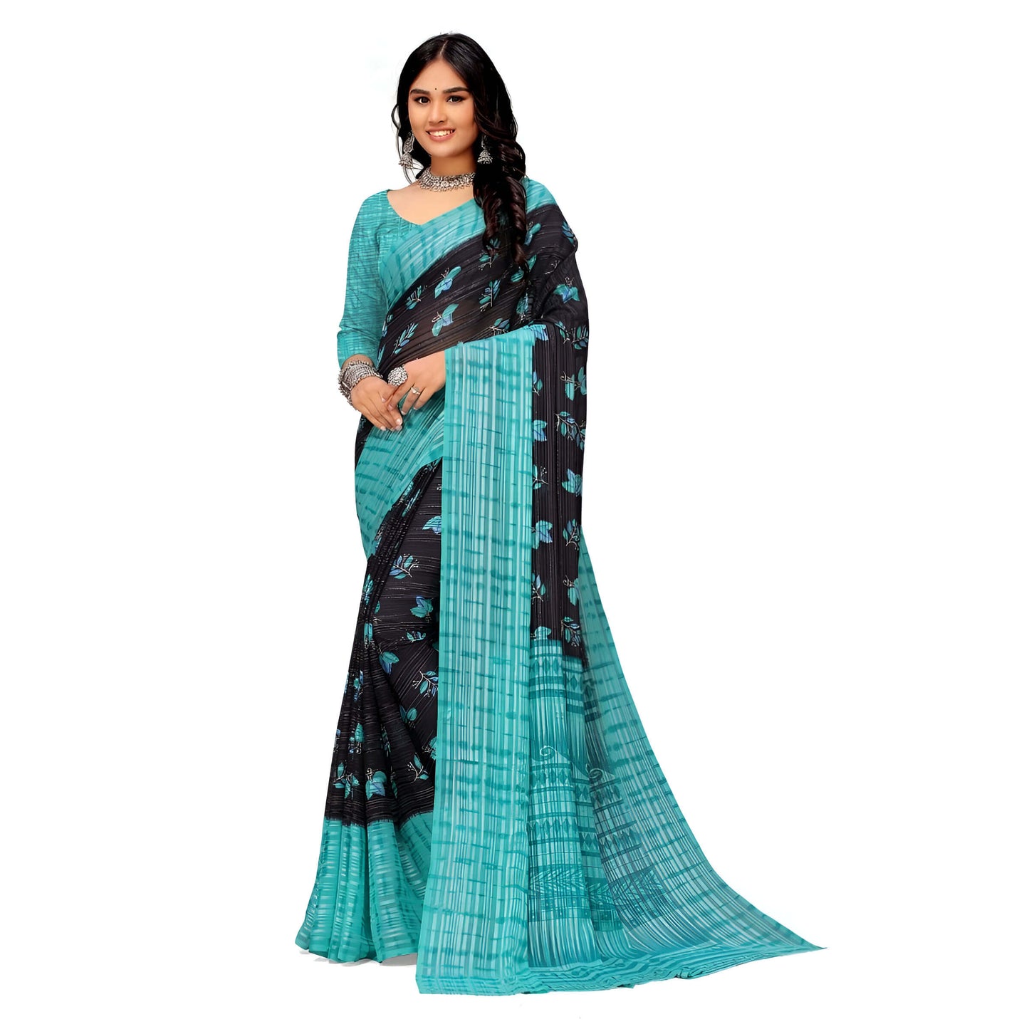 Side angle of Twilight Teal georgette saree for workwear